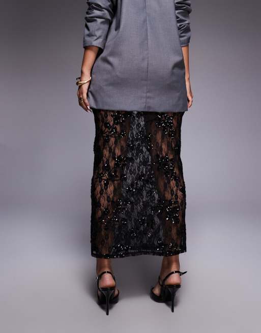 ASOS DESIGN - Jupe longue en tulle transparent à sequins parsemés - Noir