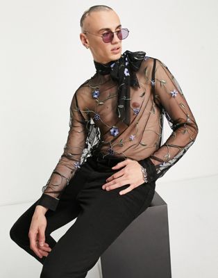ASOS DESIGN sheer mesh shirt with floral embroidery