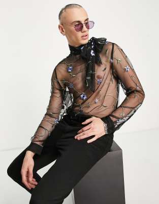 ASOS DESIGN sheer mesh shirt with floral embroidery - ASOS Price Checker