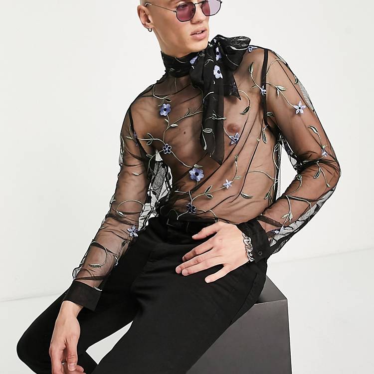 ASOS DESIGN sheer mesh shirt with floral embroidery | ASOS