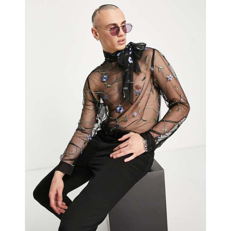 ASOS DESIGN sheer mesh shirt with floral embroidery