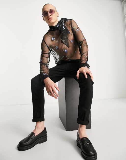 ASOS DESIGN sheer mesh shirt with floral embroidery | ASOS
