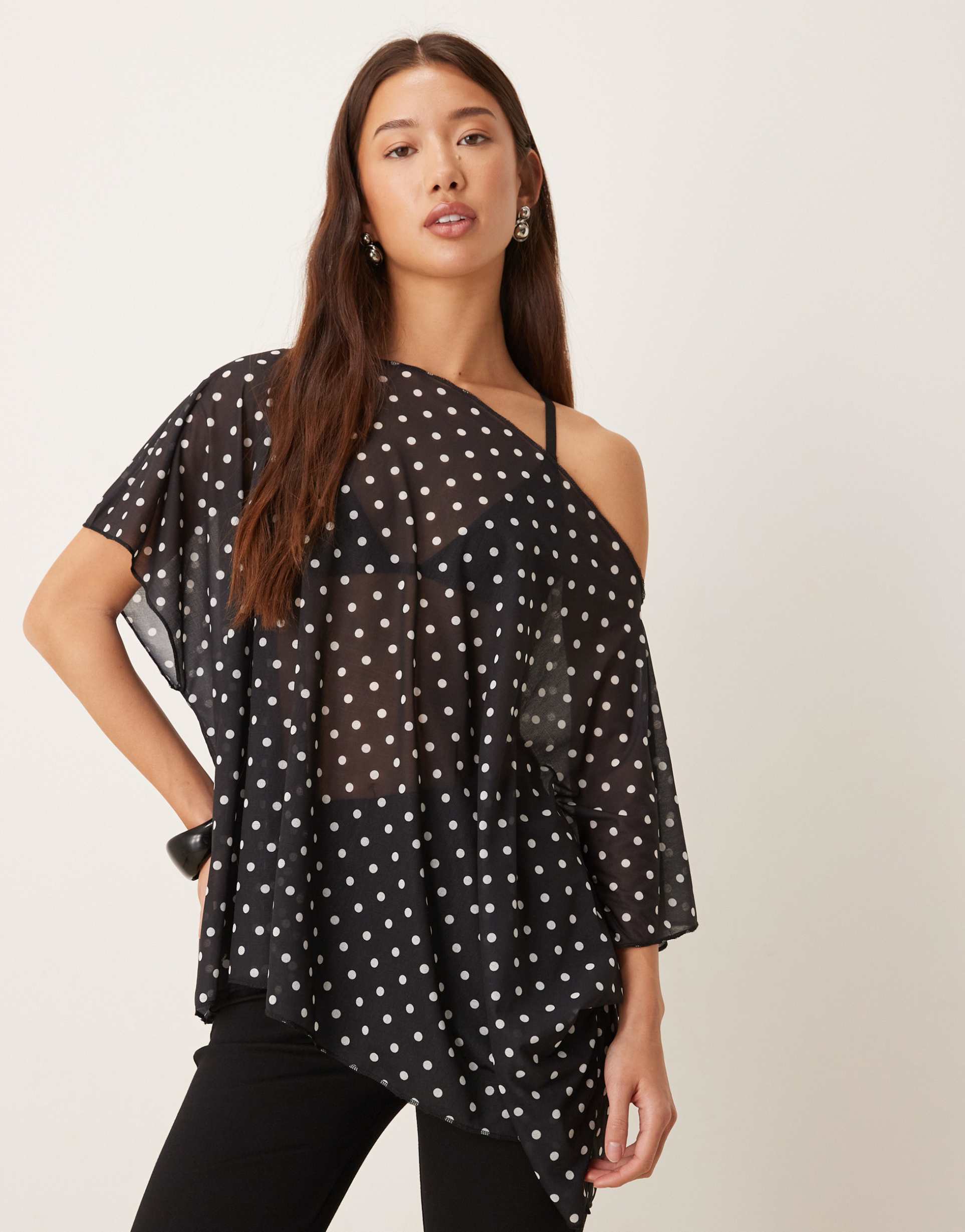 asos design sheer mesh slouchy longline off shoulder cape top in black polka dot