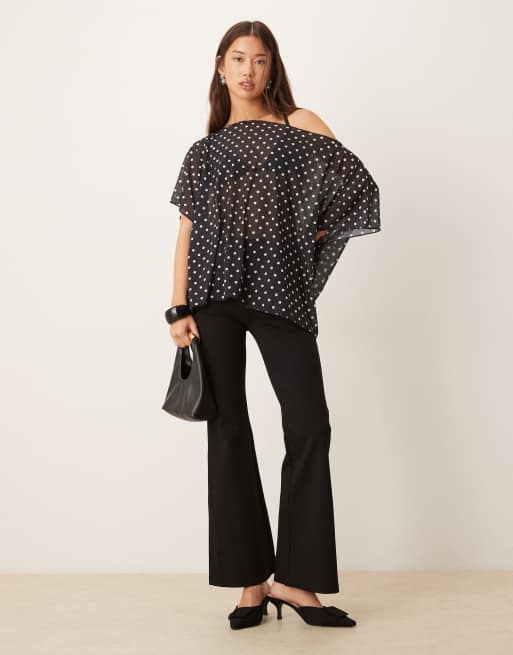ASOS DESIGN sheer mesh slouchy longline off shoulder cape top in black polka dot, 2 of 4