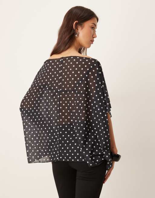 ASOS DESIGN sheer mesh slouchy longline off shoulder cape top in black polka dot, 4 of 4