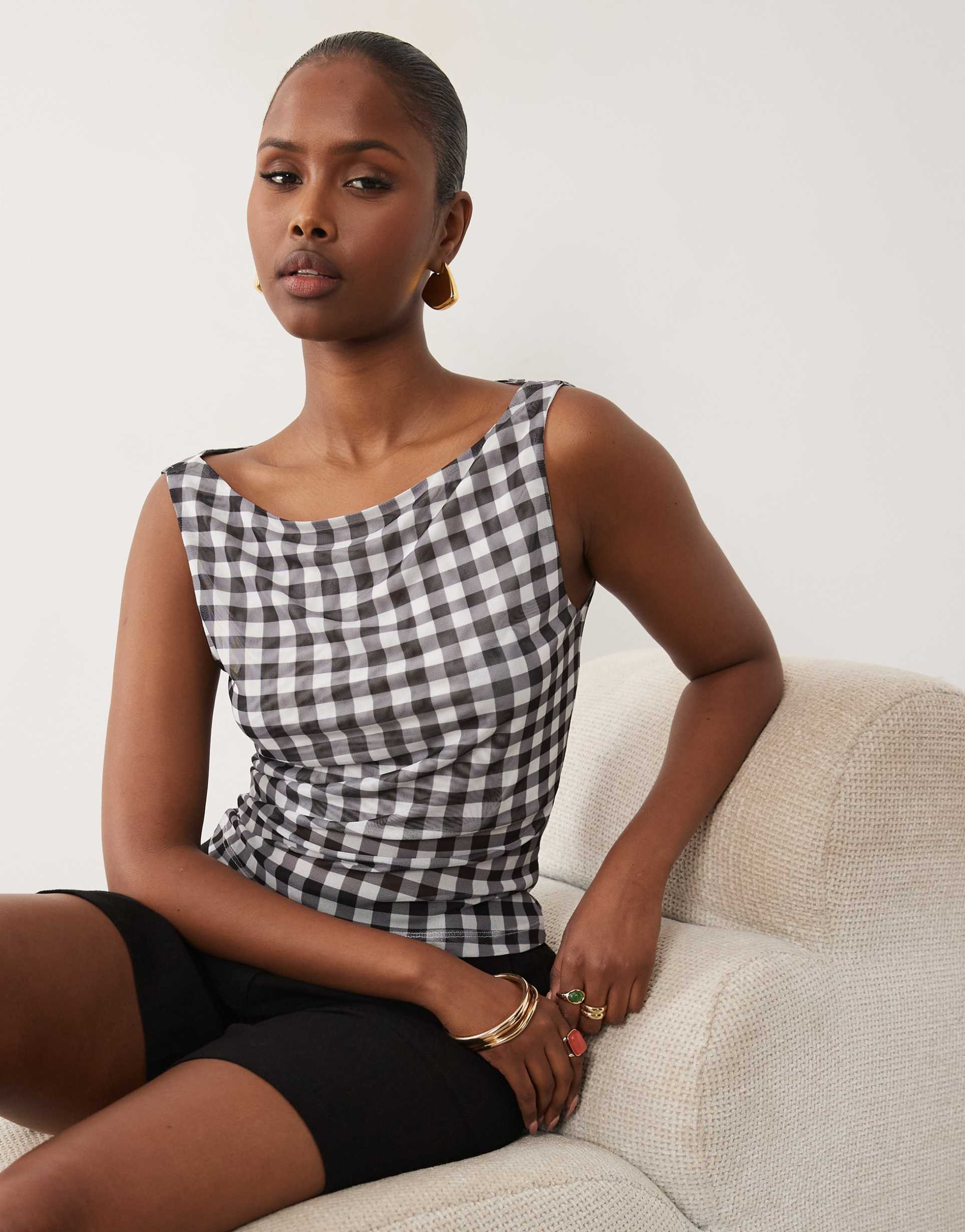 asos design sheer mesh tank top in black gingham