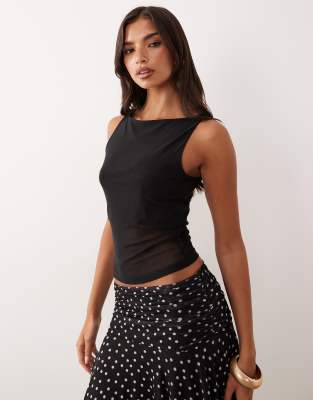 Asos Design Sheer Mesh Tank Top With Asymmetric Hem In Black