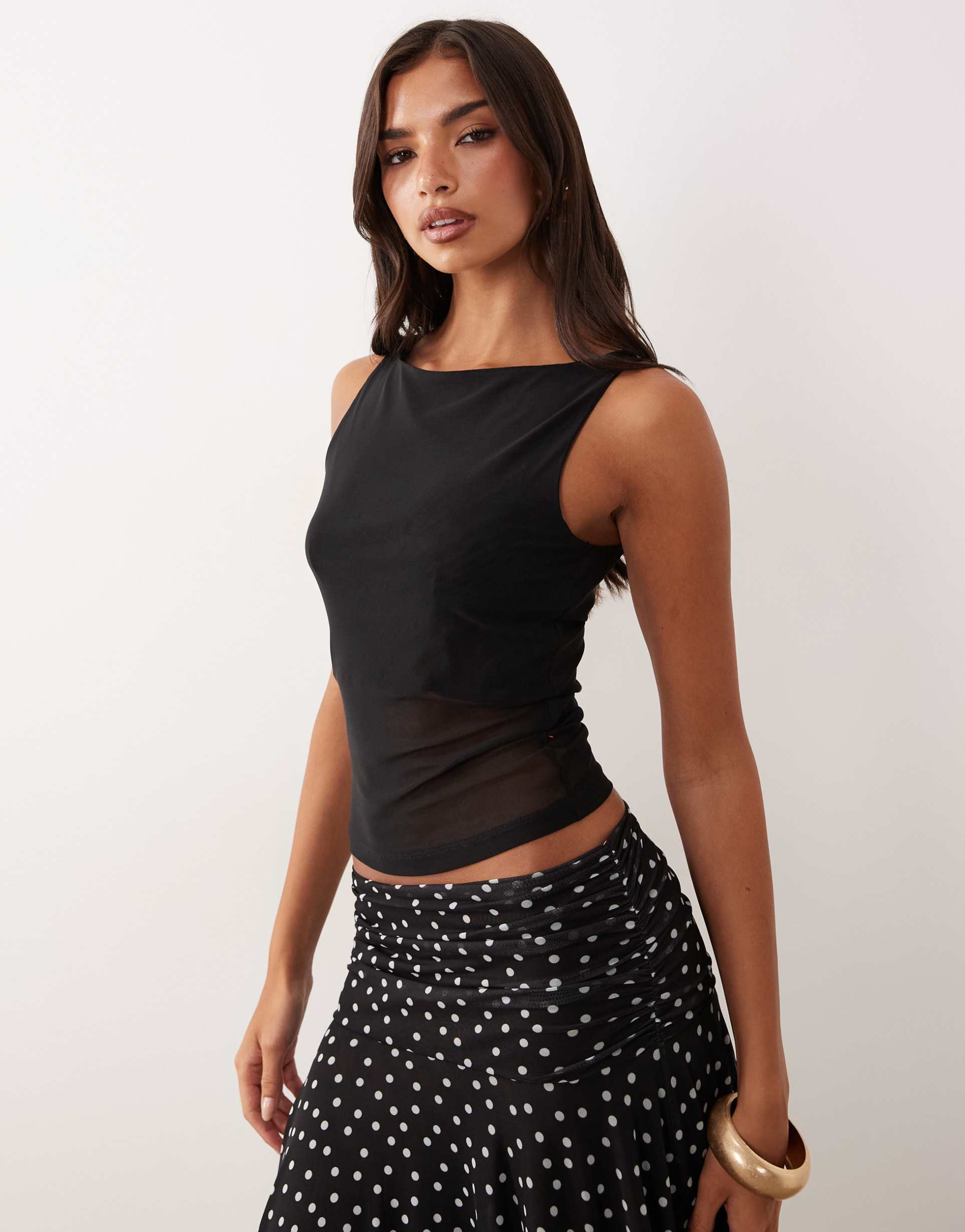 asos design sheer mesh tank top with asymmetric hem in black
