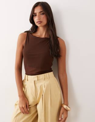 Asos Design Sheer Mesh Tank Top With Asymmetric Hem In Brown