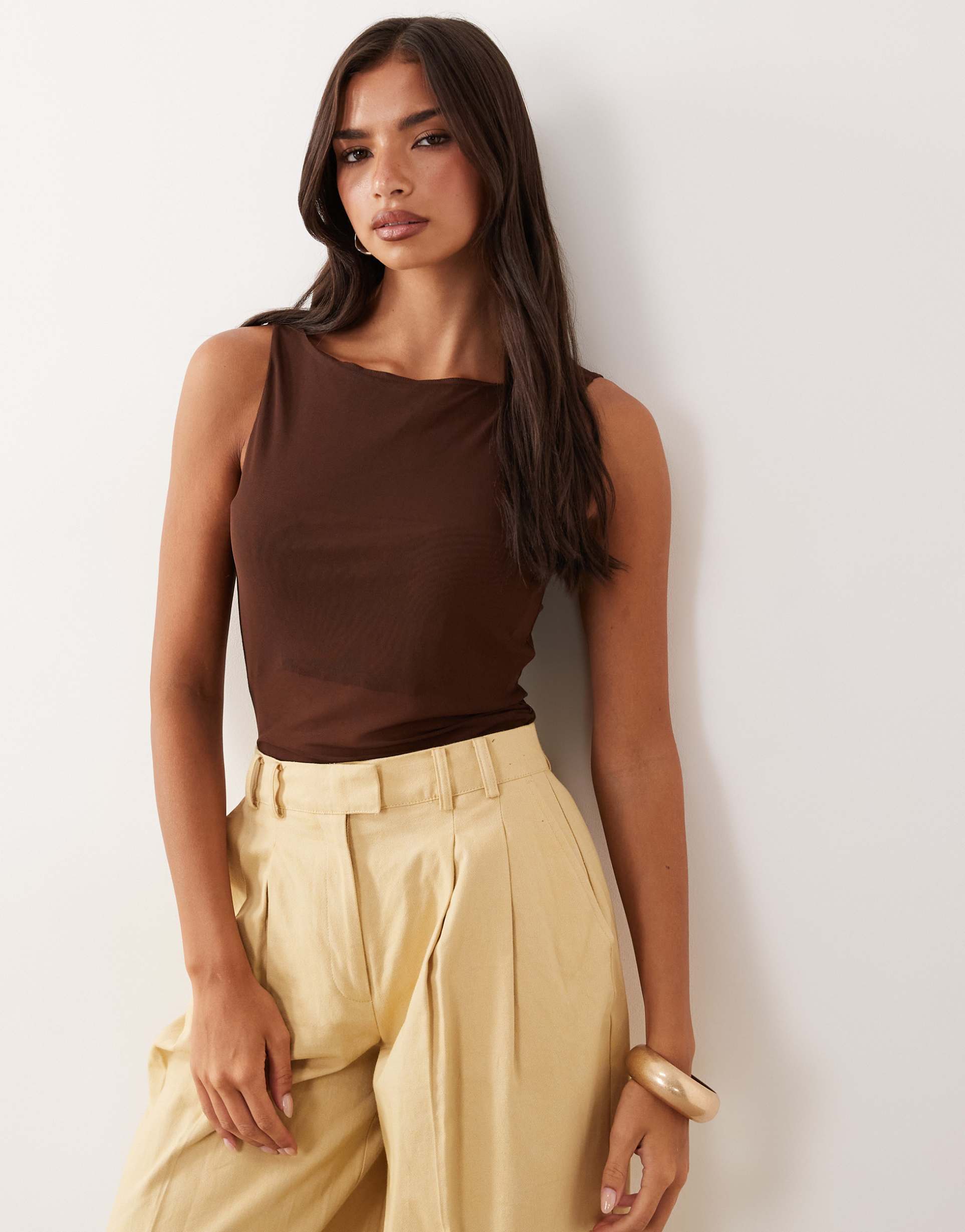 asos design sheer mesh tank top with asymmetric hem in chocolate