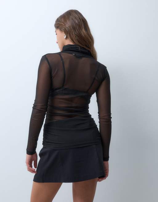 ASOS DESIGN sheer mesh turtleneck long sleeve top in black, 4 of 4