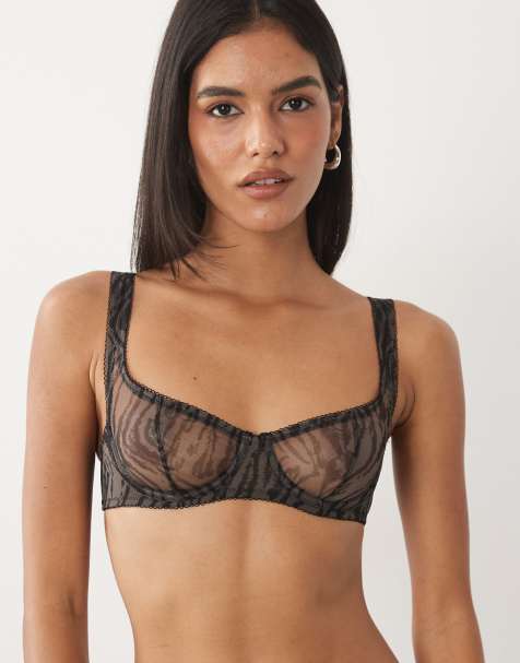 ASOS DESIGN sheer mesh underwire bra in grey tiger print - view 1