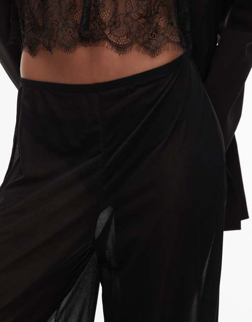 ASOS DESIGN sheer mesh wide leg contrast lace trim pants in black, 4 of 5