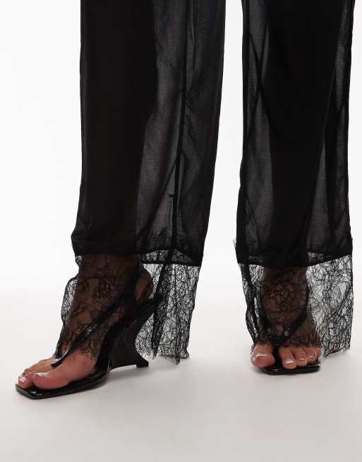 ASOS DESIGN sheer mesh wide leg contrast lace trim pants in black, 5 of 5
