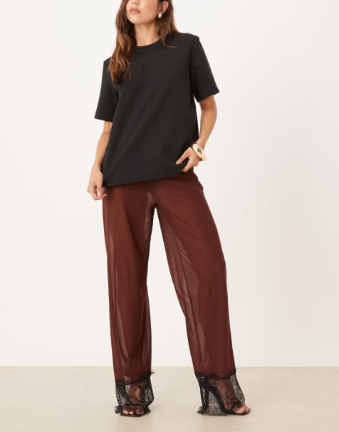 ASOS DESIGN sheer mesh wide leg contrast lace trim pants in brown - view 1