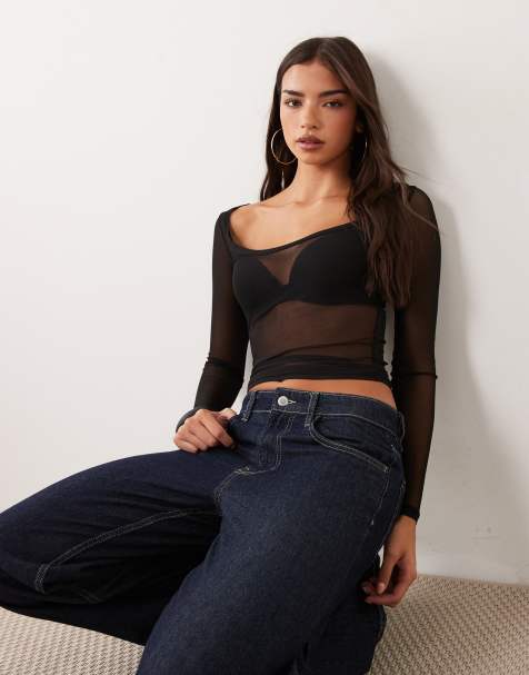 ASOS DESIGN sheer mesh wide round neck long sleeve top in black - view 1