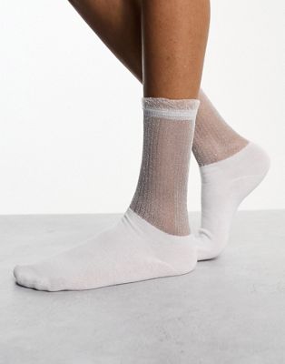 ASOS DESIGN sheer metallic ankle socks in white