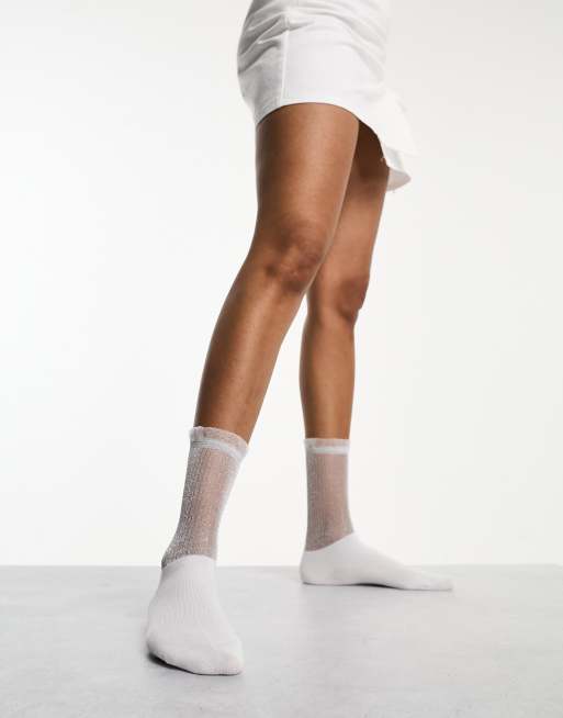 ASOS DESIGN sheer metallic ankle socks in white, 2 of 4