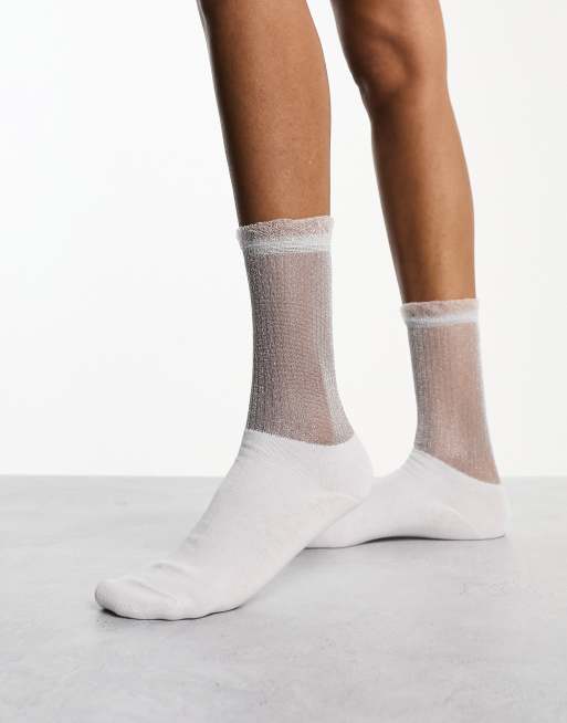 ASOS DESIGN sheer metallic ankle socks in white, 4 of 4