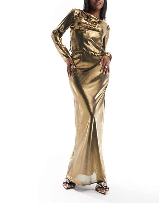 FhyzicsShops DESIGN sheer metallic bias maxi skirt co-ord in gold