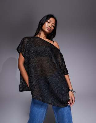Asos Design Sheer Metallic Oversized Slouchy Off Shoulder Cape Top In Black