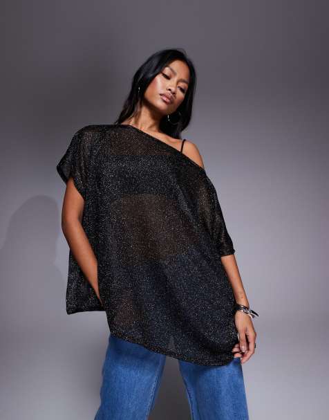 ASOS DESIGN sheer metallic oversized slouchy off shoulder cape top in black - view 1