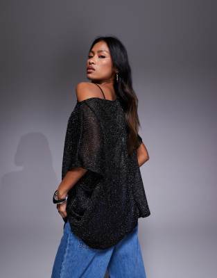 Asos Design Sheer Metallic Oversized Slouchy Off Shoulder Cape Top In Black