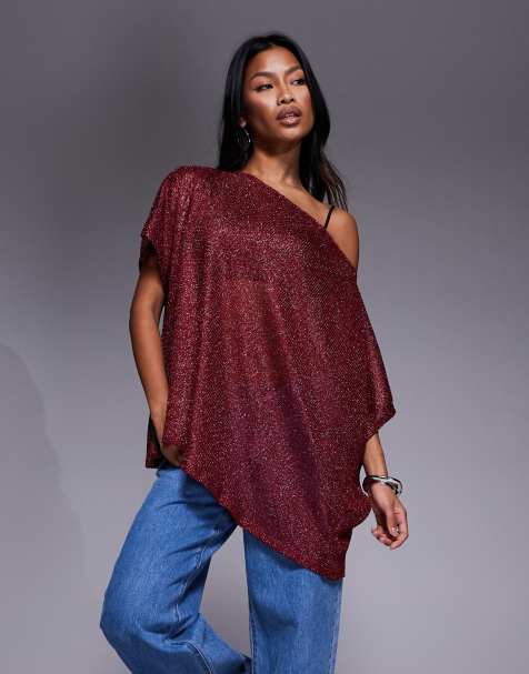 ASOS DESIGN sheer metallic oversized slouchy off shoulder cape top in wine - view 1