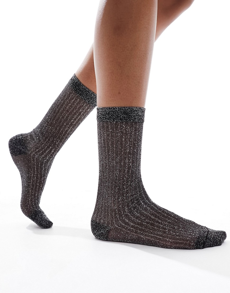 ASOS DESIGN sheer metallic slouch ankle socks in black