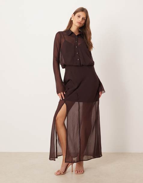 ASOS DESIGN sheer midi shirt dress in chocolate - view 1