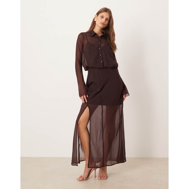 sheer shift dress ASOS DESIGN sheer midi shirt dress in chocolate