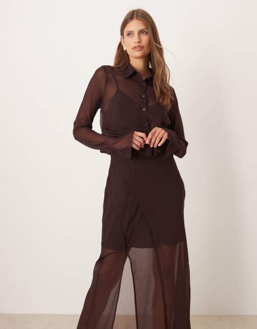ASOS DESIGN sheer midi shirt dress in chocolate, 3 of 4