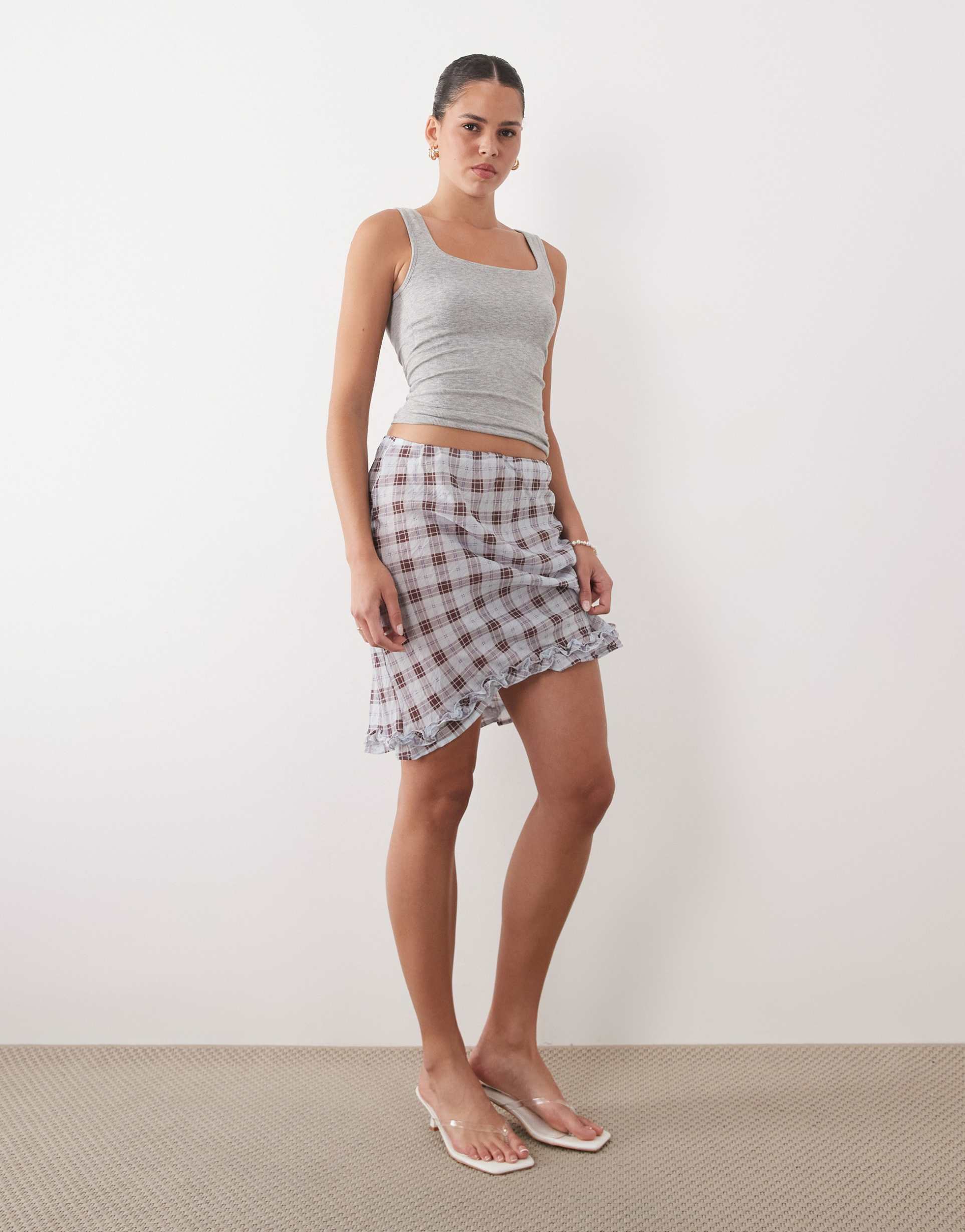 asos design sheer midi skirt in blue plaid print