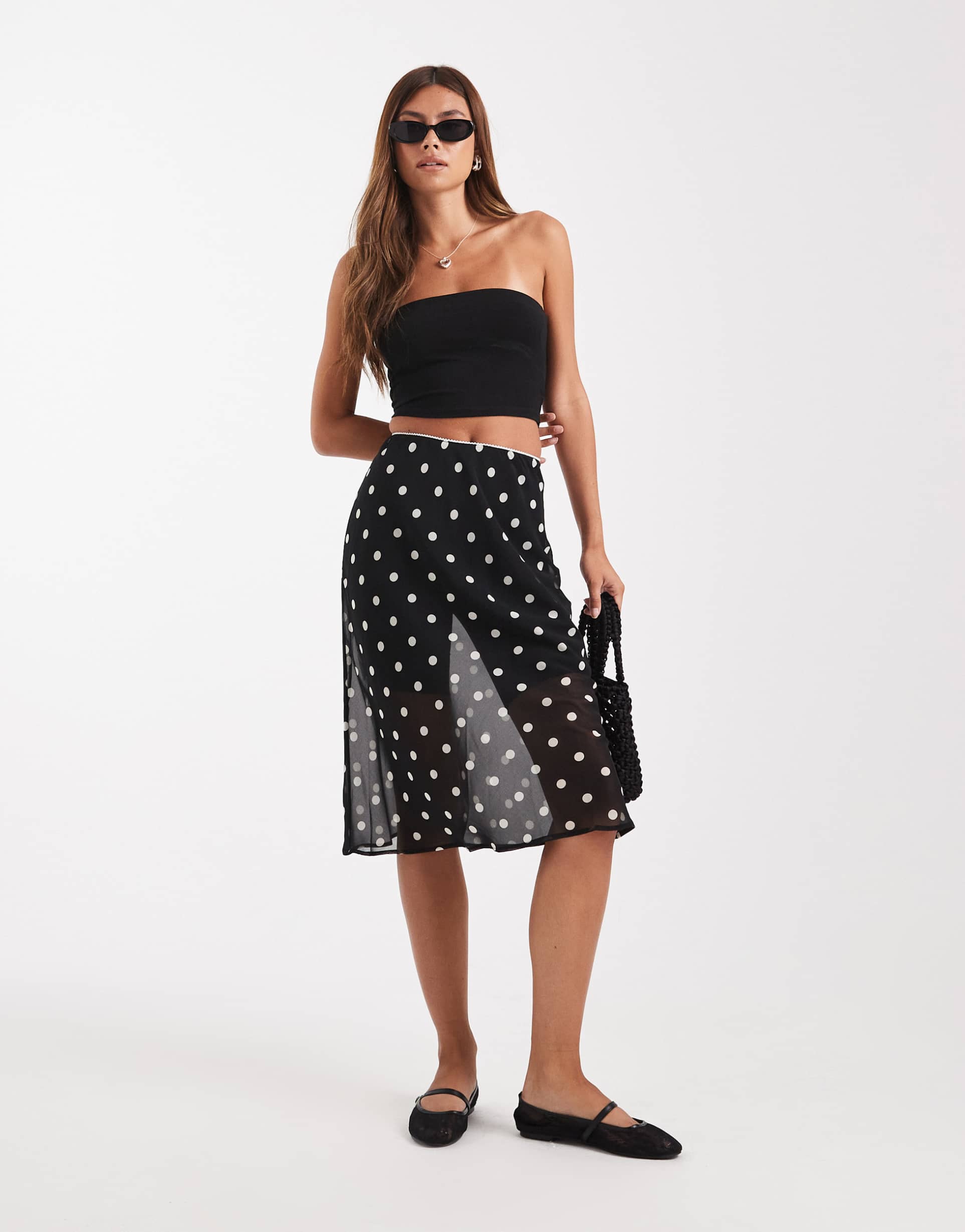 asos design sheer midi skirt in polka dot