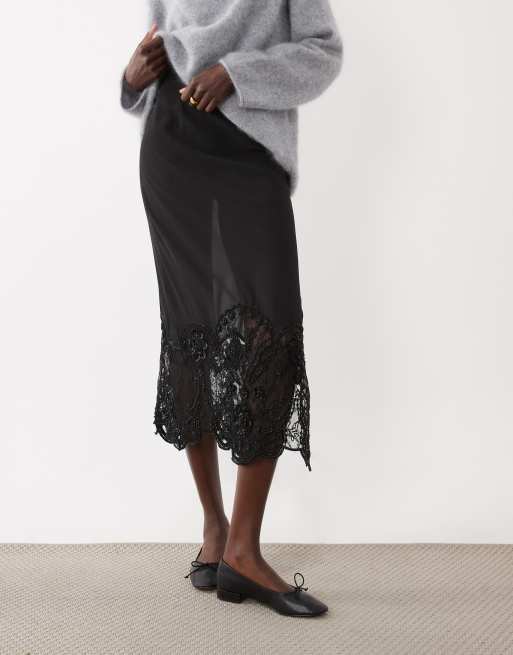 ASOS DESIGN sheer midi skirt with embellished bead hem in black, 2 of 5