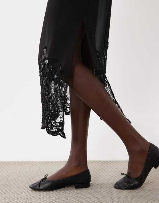 ASOS DESIGN sheer midi skirt with embellished bead hem in black, 3 of 5