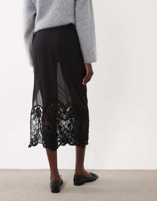 ASOS DESIGN sheer midi skirt with embellished bead hem in black, 4 of 5