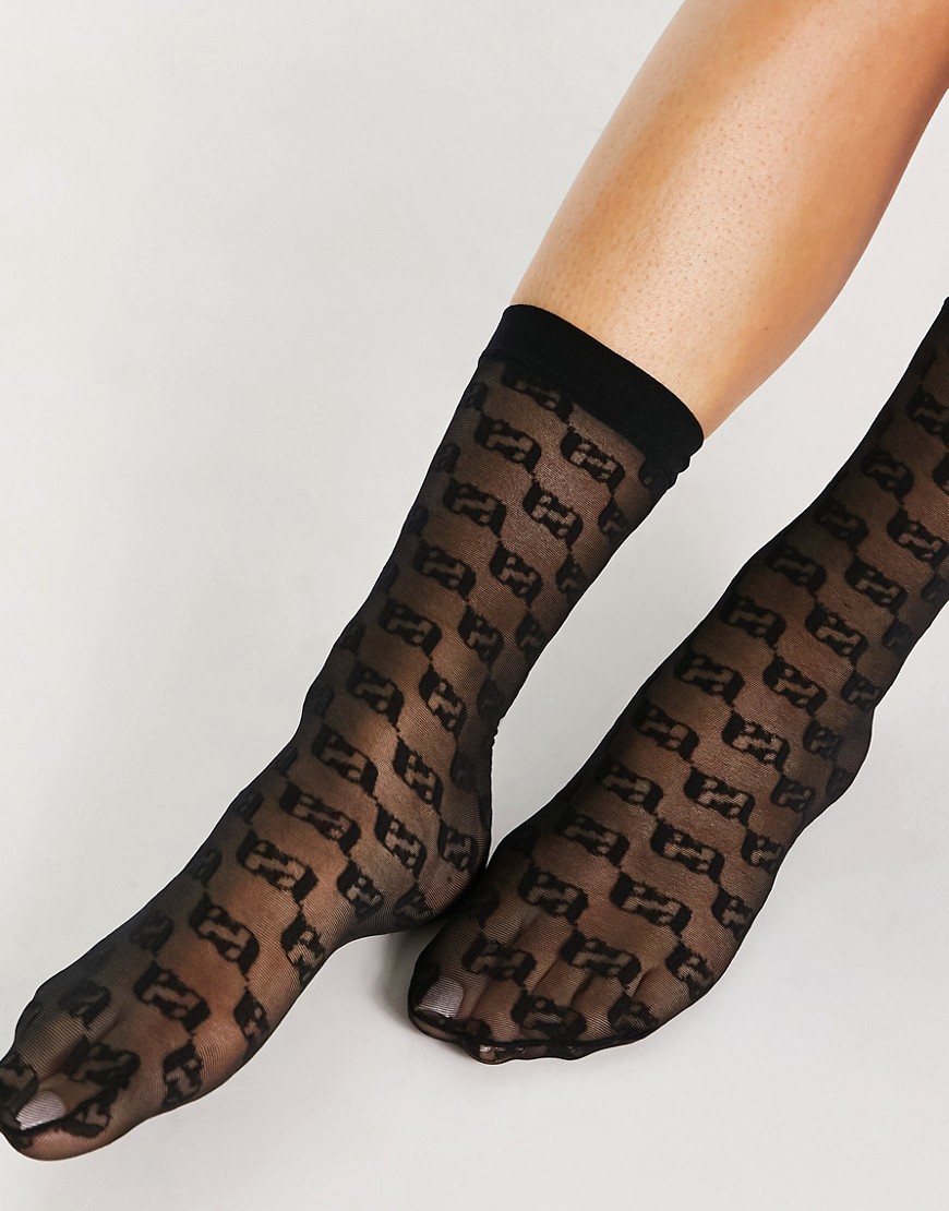 ASOS DESIGN sheer monogram ankle sock in black