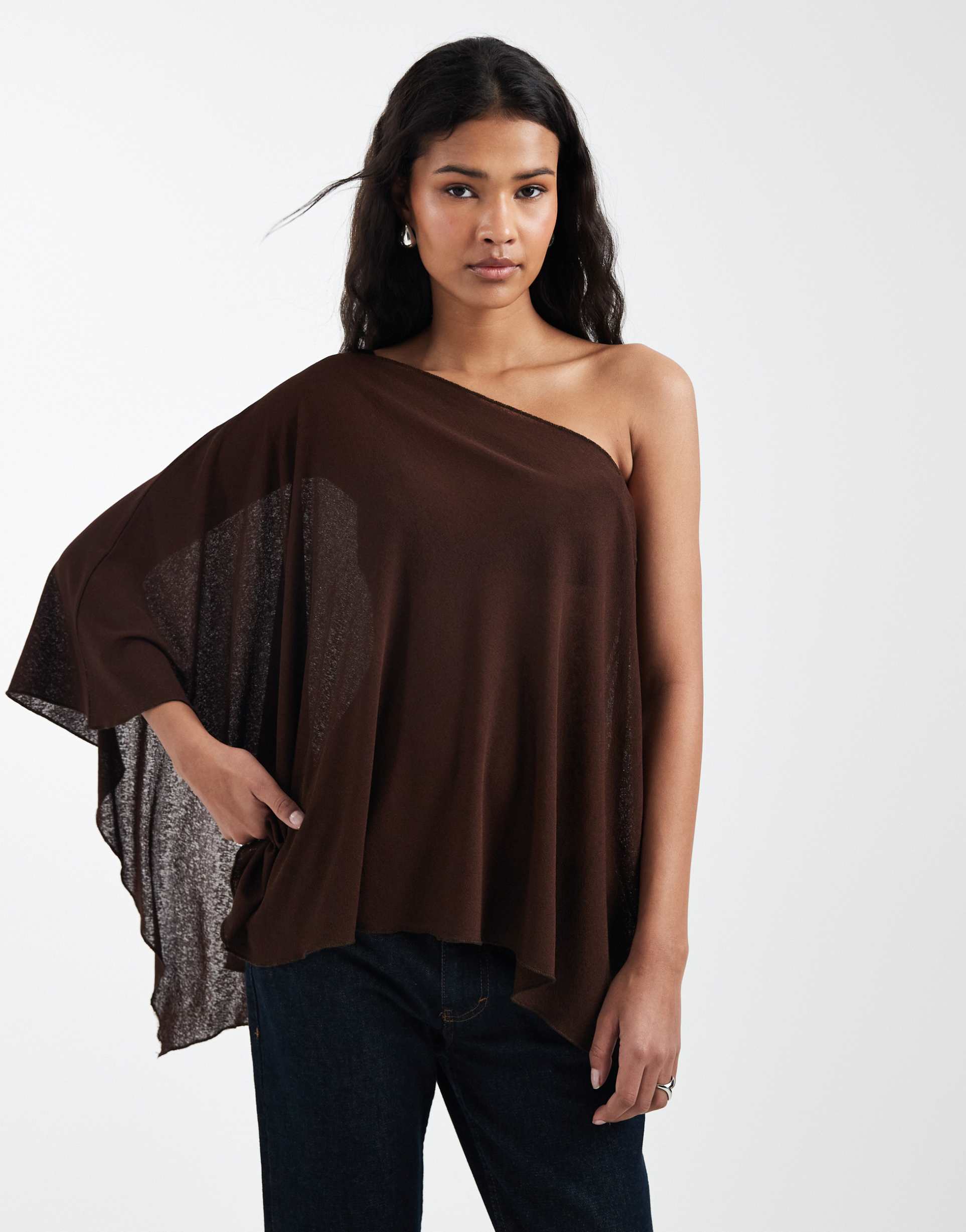 asos design sheer off shoulder asymmetric cape in chocolate