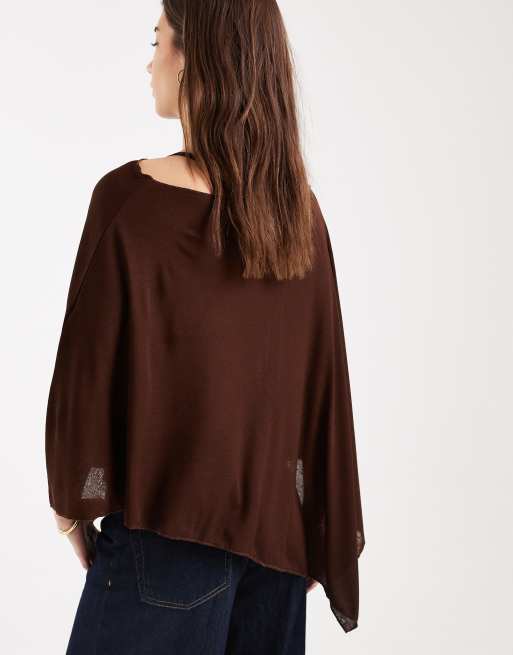 ASOS DESIGN sheer off shoulder asymmetric cape in chocolate, 3 of 4