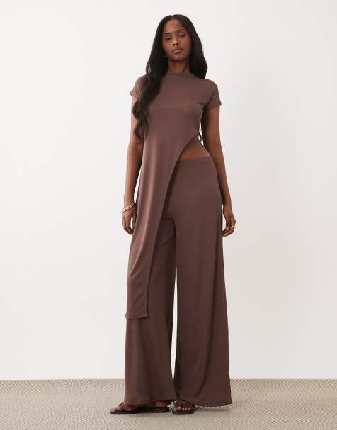 ASOS DESIGN sheer onion skin longline tunic top co-ord in chocolate - view 1