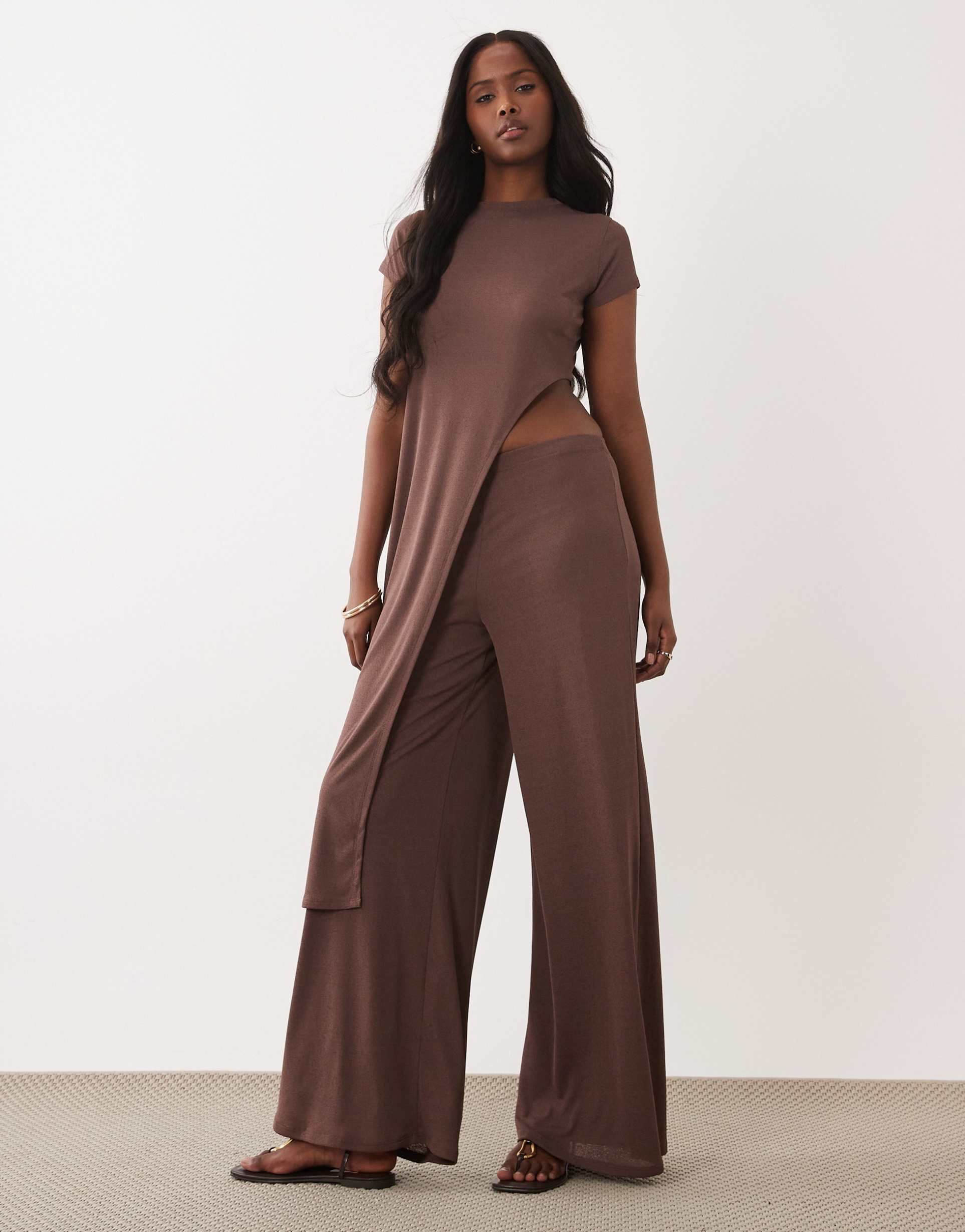 asos design sheer onion skin wide leg pants in chocolate - part of a set