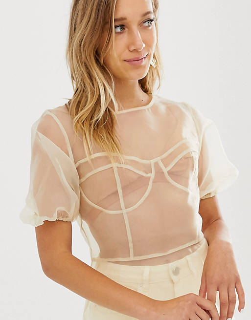 ASOS DESIGN sheer organza short sleeve top with stitch detail