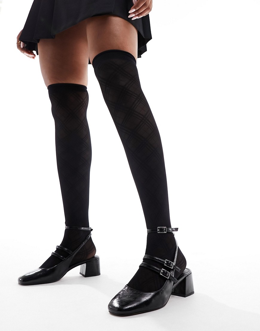 Asos Design Sheer Over The Knee Socks In Plaid Design-black