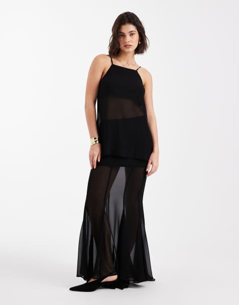 ASOS DESIGN sheer overlay fishtail maxi co-ord skirt in black