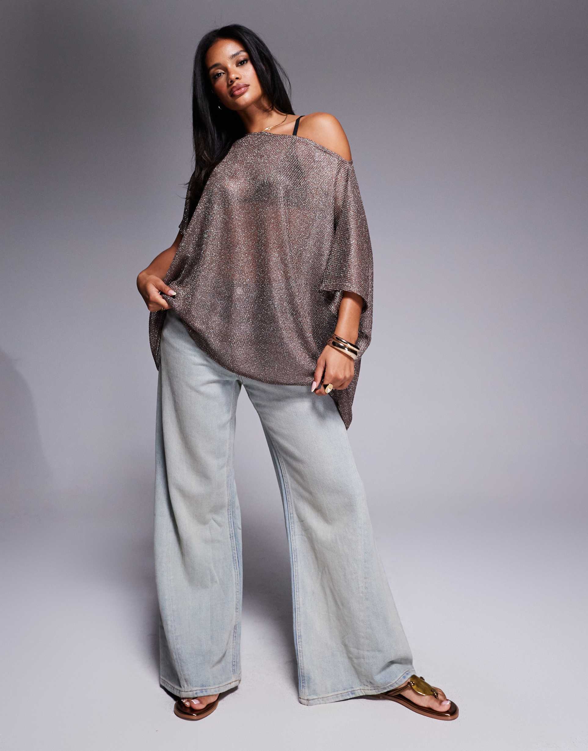 asos design sheer oversized slouchy off shoulder top in gold