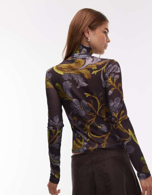ASOS DESIGN sheer paisley roll neck long sleeve top in brown, 4 of 4