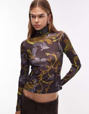 Asos Design Sheer Paisley Turtleneck Long Sleeve Top In Multi