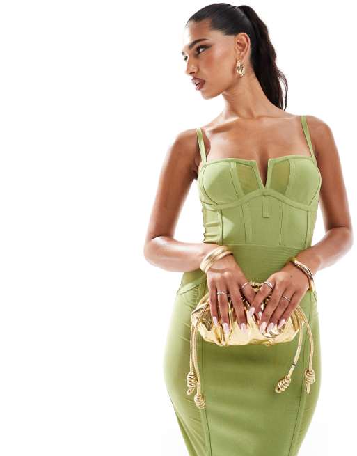 ASOS DESIGN sheer paneled bandage midi dress in green | ASOS
