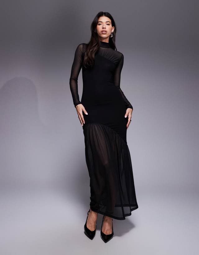 ASOS Design - Sheer Paneled Mesh High Neck Maxi Dress - Women - Viscose/Elastane - XS